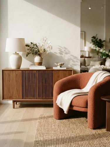 Warm editorial photography of a modern furniture showroom, natural afternoon light casting soft shadows on a terracotta chair and wooden credenza, 35mm
