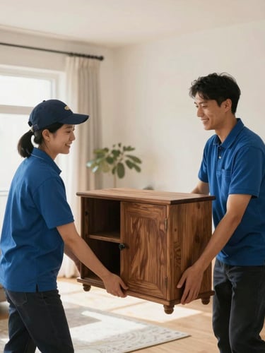 Warm editorial portrait of a professional delivery team carefully placing a beautifully crafted wooden cabinet in a bright, modern apartment, natural light, 35mm