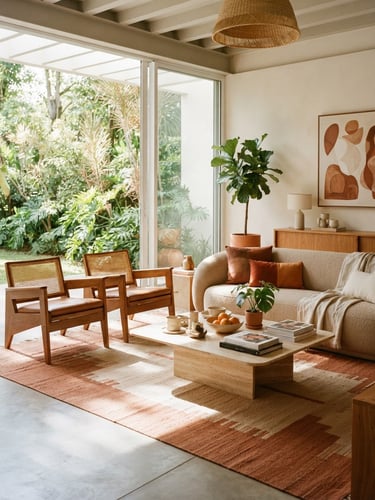 Warm editorial photography of a beautifully styled modern Brazilian living room, terracotta accents, natural daylight, soft shadows, 35mm