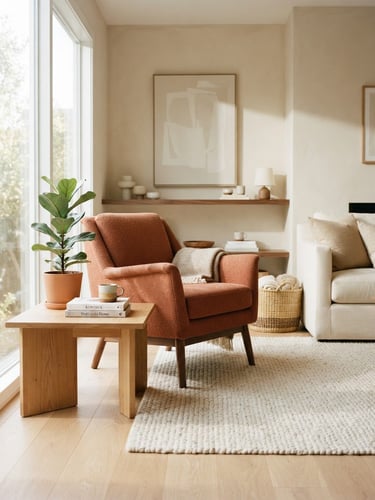 Warm modern living room with daylight, a terracotta armchair, minimalist wooden coffee table, soft shadows, 35mm photography