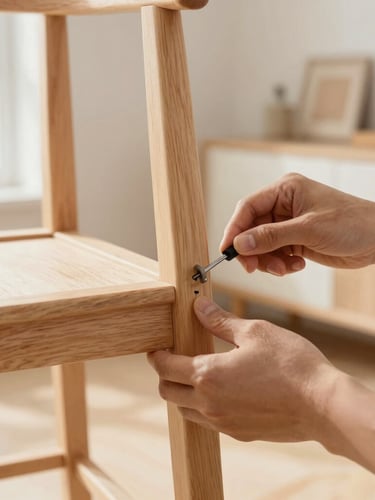 Close-up of hands assembling a wooden chair joint with precision tools, bright natural daylight, warm home workshop aesthetic, 35mm
