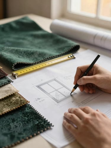 Architect's hands sketching a window design on a blueprint, with luxurious fabric swatches and a measuring tape nearby, soft golden-hour light, shallow depth of field, architectural studio setting.