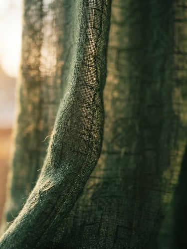 Close-up macro shot of a luxurious, textured sheer curtain fabric, in a deep forest green, with soft golden-hour sunlight filtering through, shallow depth of field, architectural interior photography.