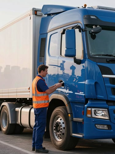 A professional truck driver in a clean uniform conducting a pre-trip inspection on a modern blue semi-truck, crisp morning daylight, sharp focus, industrial background
