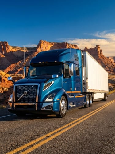 Low-angle heroic shot of a clean modern semi-truck on an open Utah highway, crisp golden-hour daylight, deep blue sky, sharp focus, 35mm lens