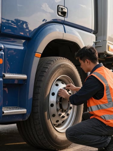 Close-up of a professional driver conducting a pre-trip inspection on a clean semi-truck wheel, morning daylight, sharp focus, 35mm lens