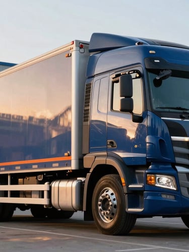 A low-angle heroic shot of a clean commercial semi-truck parked in a modern logistics hub, organized cargo bays in the background, sharp golden-hour light
