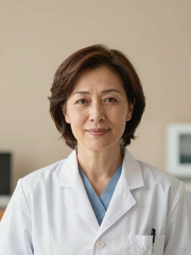 Warm editorial portrait of a female doctor in her 40s with a kind, professional expression, soft natural daylight, sand and mink tones, clean minimalist clinic background, 35mm