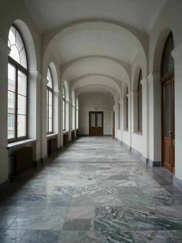Wide-angle panoramic view down a long empty Polish ministry corridor, tall arched windows on the left casting cool pale daylight across a marble floor, receding perspective drawing the eye toward a closed double door at the far end, no people visible, institutional silence