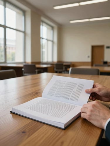 Environmental wide shot inside a Warsaw government building reading room, cool daylight entering through floor-to-ceiling windows on the left, a single pair of hands reviewing a thick bound document on a wide oak table, sensitive passages obscured by a folded page, institutional cream walls receding into the background