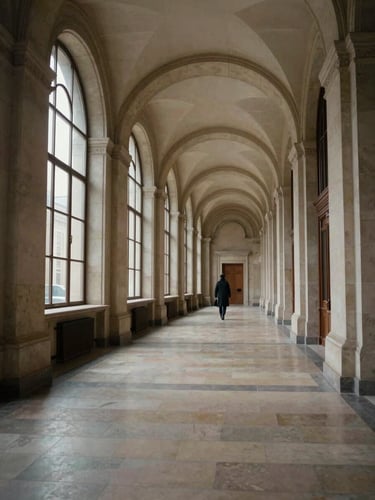 Wide environmental shot looking down a high-ceilinged ministry corridor in Warsaw — tall arched windows casting cool daylight across pale stone floors, a single figure in a dark coat visible mid-distance, institutional grandeur, no warm tones, framed from the left side of the hallway to emphasize depth and institutional scale