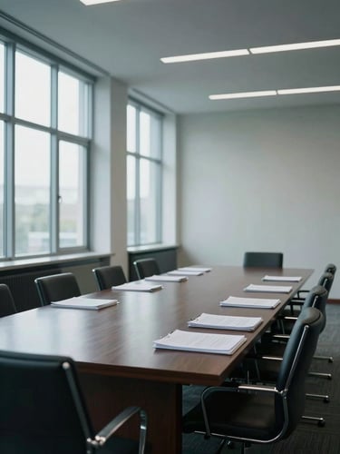 Environmental wide shot of an empty high-ceilinged conference room, pale cool daylight entering from tall windows on the left, a long dark wood table with empty chairs, stacks of bound documents at the far end, no people, the quiet before a critical meeting