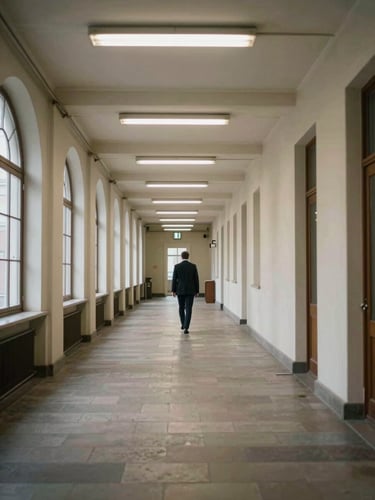 Environmental wide shot looking down a long ministry corridor in Warsaw, pale institutional fluorescent light overhead, a lone official in a dark suit walking away at the far end, tall arched windows on the left casting cool daylight stripes across the stone floor, foreground empty and out of focus