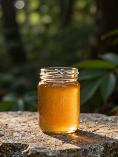 An elegant amber glass jar of premium honey reflecting soft golden hour light on a textured stone surface, dark forest green foliage in the soft-focus background, editorial luxury photography