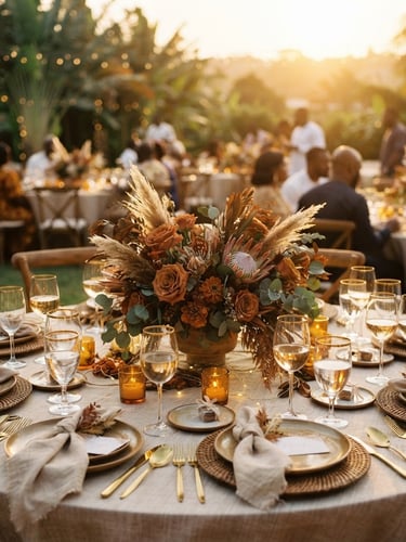 Elegant wedding reception setup in Kumasi, golden hour light, beautifully decorated tables, shallow depth of field, warm earth tones, 35mm
