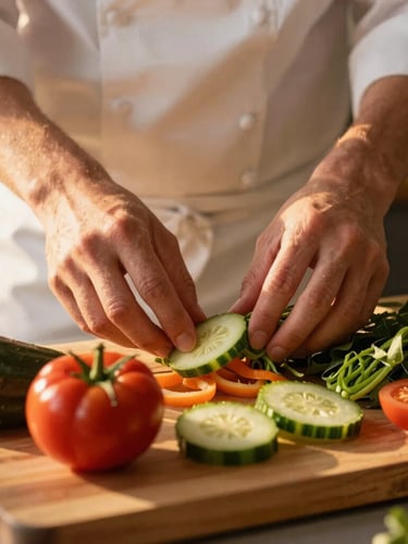 A close-up of a chef's hands carefully arranging fresh, vibrant local vegetables on a wooden cutting board, with soft golden-hour light filtering from the side, shallow depth of field.