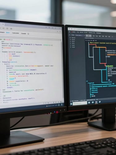 Close-up of dual-monitor workstation in a London office showing structured XML schema validation and data pipelines, cool overcast daylight, sharp focus