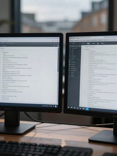 A close-up of dual-monitor setups showing complex transaction data schemas, blurred for realism, cool overcast London daylight casting sharp shadows.