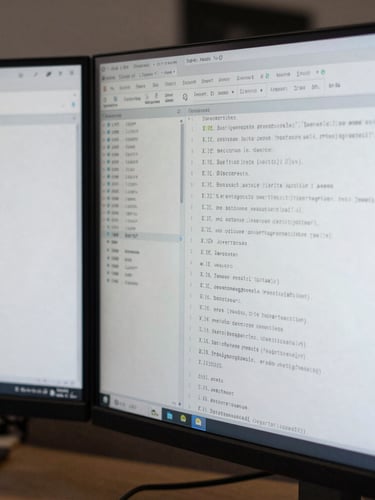 A close-up of a high-resolution dual-monitor setup displaying structured XML schemas and transaction data fields, cool overcast London daylight reflecting on the glass screen.