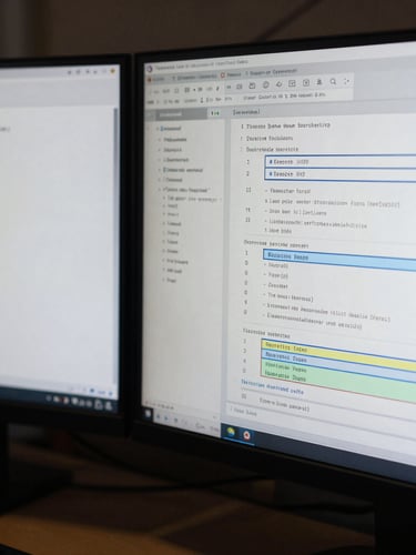Extreme close-up of dual-monitor setups displaying structured XML schemas and data validation pipelines, cool overcast London daylight, sharp shadows.