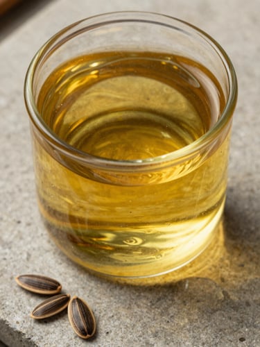 Extreme close-up overhead shot of castor oil in a clear glass vessel on a stone surface, north-facing daylight entering from the upper left, golden-amber oil transmitting light with visible refraction rings, a few raw castor seeds resting beside the vessel on the stone
