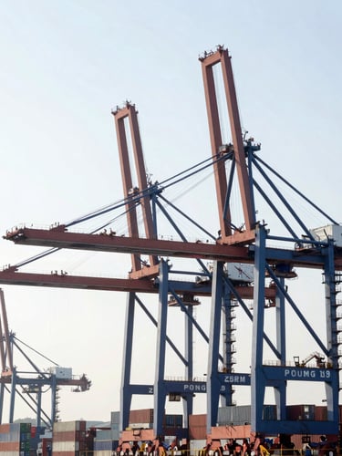 Wide environmental shot of container terminal cranes against a bright morning sky, modern editorial photography, bright natural window light, crisp high-contrast cool tones, sharp focus, 35mm