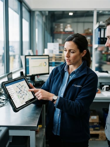 A medium environmental shot of an operations manager pointing at a logistics routing map on a tablet, bright natural window light, crisp high-contrast cool tones, 35mm