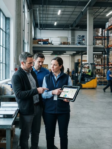 Wide environmental shot of logistics managers reviewing warehouse workflows on a tablet under bright natural window light, high-contrast cool tones, 35mm