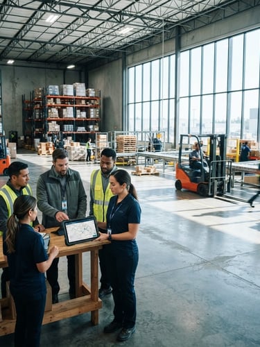 Wide environmental shot of a modern regional logistics hub, bright natural window light casting sharp shadows on concrete, team mapping out workflows on a tablet in the foreground, 35mm
