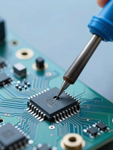 Macro shot of a soldering iron repairing a microchip on a green circuit board, precise workshop setting, cool blue tones, sharp focus