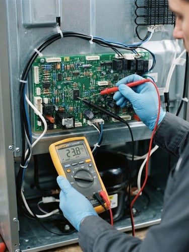 Close-up of a technician testing an electronic circuit board of a refrigerator with a digital multimeter, crisp workshop lighting, cool blue and slate gray tones, sharp focus, 35mm