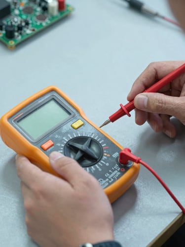 Close-up of a technician using a digital multimeter to test a green circuit board on a clean slate gray workbench, soft cool daylight, high detail, 35mm