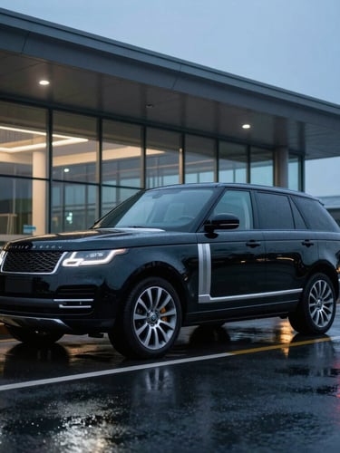 Wide environmental shot of a pristine black executive SUV parked outside a modern glass terminal at dusk, cool blue hour lighting, sharp reflections on wet asphalt.
