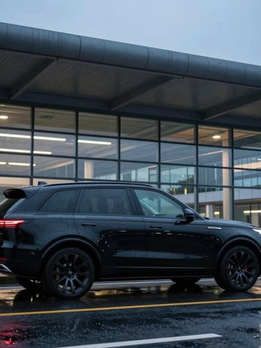 Wide panoramic shot of a sleek black executive SUV parked outside a modern steel-and-glass terminal during morning blue hour, rain-slicked asphalt reflecting cool light.
