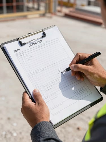 Close-up overhead shot of a safety coordinator's hands holding an open audit clipboard with handwritten inspection records and a stamped BOZP plan, construction site visible as blurred background, bright natural daylight