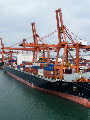Wide-angle overhead shot of a deep-water shipping terminal, massive container ships docked, towering orange gantry cranes loading cargo under a crisp overcast sky.