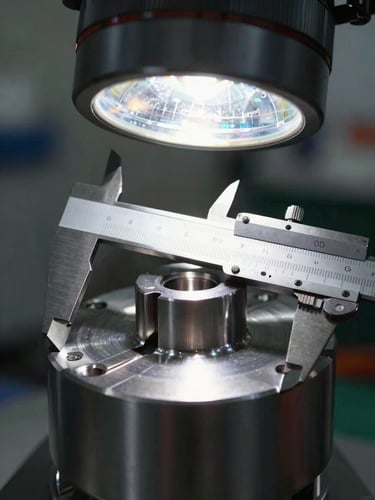 Close-up of a precision-machined steel component under bright industrial inspection light, technical calipers measuring tolerances