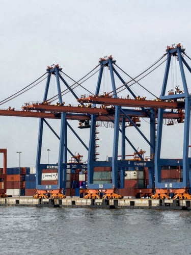 Wide panoramic view of stacked container terminal at a deep-water port, massive container cranes under overcast daylight.