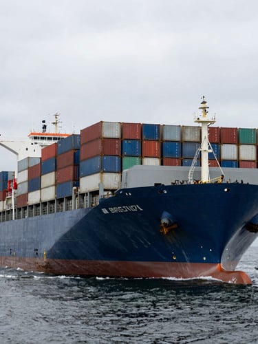 A towering container ship loaded with cargo containers, navigating through deep gray water under an overcast sky, industrial scale.