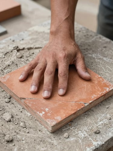 Close-up of a hand pressing a terracotta tile onto a mortar bed, natural overcast daylight, visible grout lines and rough texture, documentary framing