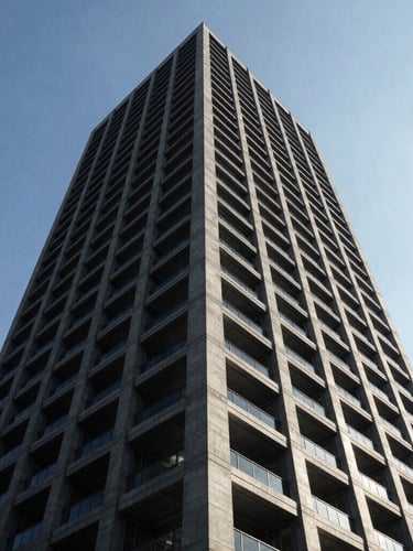 Wide-angle architectural photograph of a modern steel and concrete skyscraper frame under a crisp, high-contrast sky, dramatic structural lines, 35mm lens