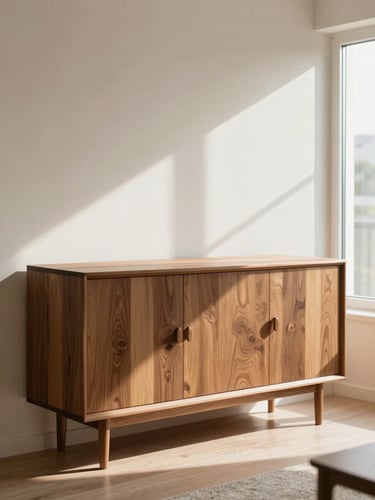 Warm editorial photography of a sunlit, clean living room in Sarıyer with a premium wooden sideboard, natural window light, shallow depth of field