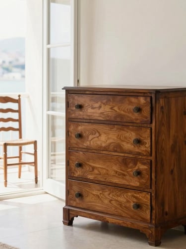 Warm editorial photography of a sunny, clean domestic interior in Sarıyer, featuring an elegant antique wooden chest of drawers and a high-end teak garden chair visible through large open glass doors, bright natural window light, shallow depth of field.
