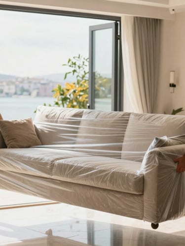 A professional moving team carefully carrying a clean wrapped sofa out of a luxury home, bright natural outdoor lighting, Sarıyer background