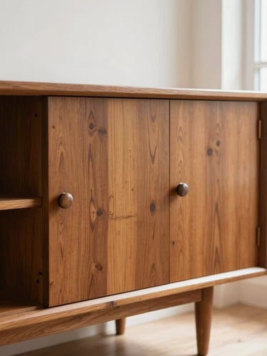 Medium close-up of a beautifully restored mid-century wooden sideboard in a bright, sunlit room, warm daylight highlighting the rich grain, shallow depth of field.