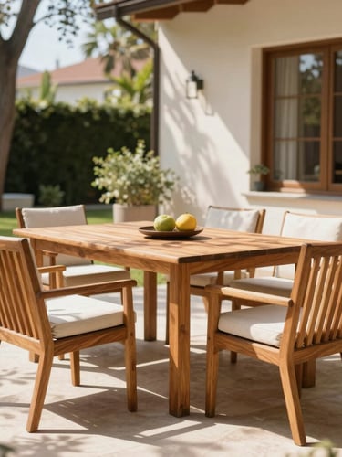 A beautifully arranged outdoor patio in a sunny Sarıyer villa garden, high-end teak wooden outdoor dining set with clean cushions, soft dappled sunlight filtering through trees, warm editorial style, shallow depth of field.
