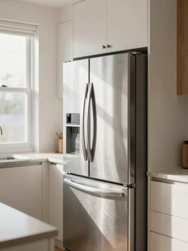 A bright modern kitchen with a premium stainless steel refrigerator, natural window light casting soft shadows, clean minimalist domestic interior, shallow depth of field, warm organic tones.