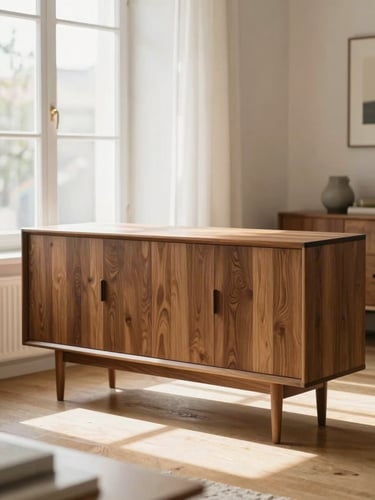 Warm editorial photography of a beautifully arranged, sunlit Istanbul living room with a premium mid-century modern wooden sideboard, clean minimal lines, bright natural window light streaming in, shallow depth of field, rich organic tones, elegant domestic interior