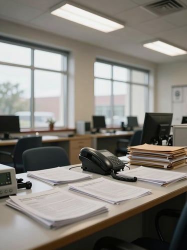 Wide environmental shot of a working legal intake office — overhead fluorescent and natural window light, a desk with intake forms and a phone handset mid-use, no people posed, papers and folders in organized context, documentary style