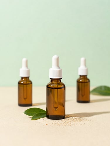 Minimalist clean product photography of amber glass dropper bottles on a warm sand surface, soft shadows, green leaf accent, bright daylight
